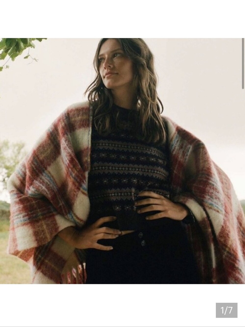 Doen Red and Cream Plaid Wrap Poncho